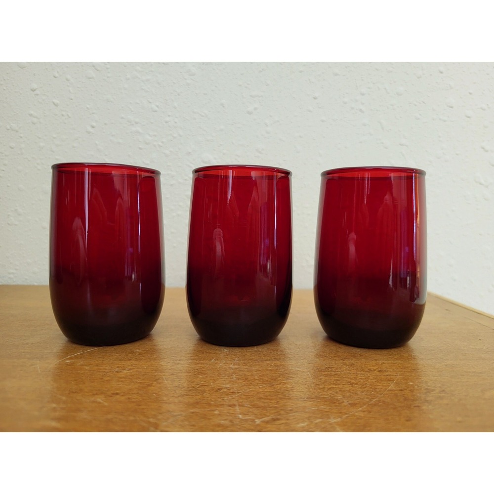 Lot of 3 Vintage Anchor Hocking Ruby Juice Glasses, 4 oz. Tumblers, Roly Poly